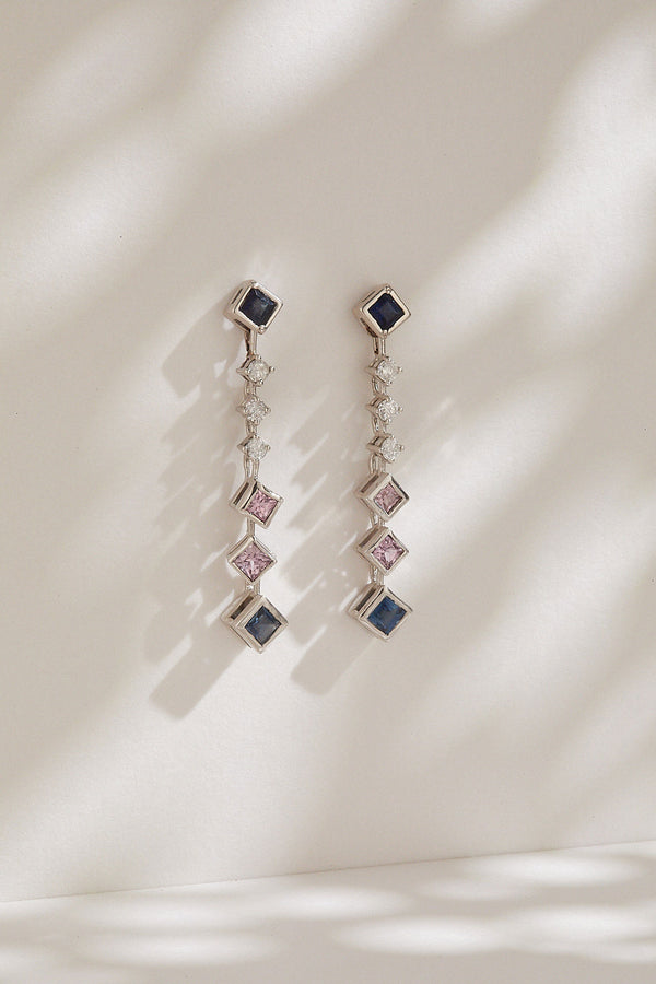 18k white gold diamonds, blue and pink sapphires earrings