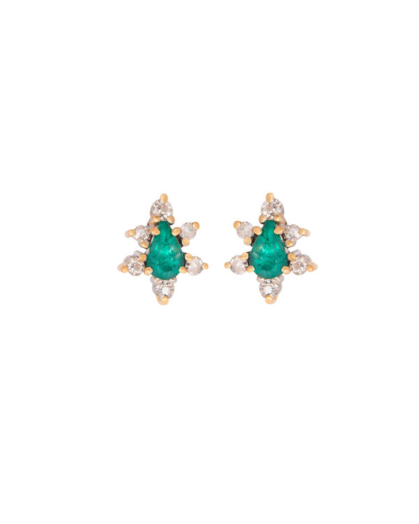 WHITE AND YELLOW 18K GOLD WITH DIAMONDS AND COLOMBIAN EMERALDS STUD EARRINGS