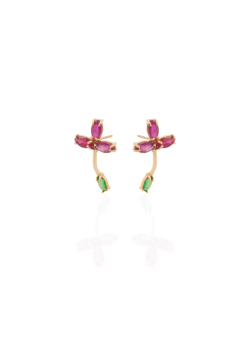 Flower ruby and colombian emerald studs